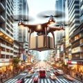 Aerial drone carrying package over an urban cityscape at sunset. Urban technology, commerce concept