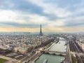 Aerial drone cityscape of Paris France, with the Eiffel Tower over the Seine River and the Pont Alexandre III Royalty Free Stock Photo