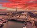 Aerial drone cityscape of Paris France, with the Eiffel Tower over the Seine River and the Pont Alexandre III at beautiful sunset Royalty Free Stock Photo