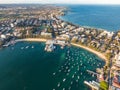 Aerial drone evening view of the Sydney suburb of Manly, a beach-side suburb of northern Sydney, in the state of New South Wales.