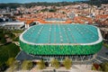 Aerial drone facade view of Bilbao Arena, an indoor arena that has the capacity to host 10,000 people for basketball games or