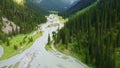 Beautiful mountains with a winding river flowing in the mountains of Kyrgyzstan