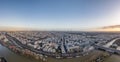 Aerial drone fisheye shot of districts Neuilly sur Seine in Paris with Tour Eiffel Jardin acclimatation in Boulogne