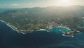 Aerial Drone Flight Above Tropical Island in Ocean Royalty Free Stock Photo