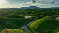 Aerial drone flight forward over Long Coc tea hill, Phu Tho, Vietnam