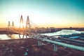 Aerial Drone Flight View of freeway busy city rush hour heavy traffic jam highway.