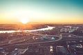 Aerial Drone Flight View of freeway busy city rush hour heavy traffic jam highway.