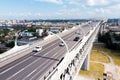 Aerial Drone Flight View of freeway city rush hour heavy traffic jam highway. Aerial view of the vehicular intersection Royalty Free Stock Photo