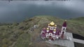 aerial and drone flyby of the new Russian Orthodox church on the bank of the Siberian river Yenisei, Krasnoyarsk. Holy