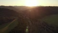 Aerial Drone Footage Andalusia landscape at sunset. Cazalla de la Sierra. Ribera del Hueznar.