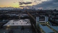 aerial drone footage of Chicago skyline during sunrise early morning with light fog Royalty Free Stock Photo