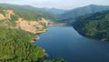 Artificial water dam in Siriu , Romania, aerial drone footage