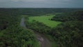 Aerial drone footage over path down banks of Pembina River in North Dakota