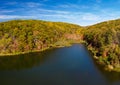Panorama of Coopers Rock Lake in the state park with autumn and fall colors