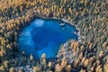 Aerial drone image over a heart shaped Saoseo Lake in Canton Grison, Switzerland