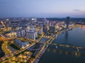 Aerial Drone Night Shot of Belgrade city, Serbia. Capital in Blue Hour and Night time, View from above. Royalty Free Stock Photo