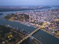 Aerial Drone Night Shot of Belgrade city, Serbia. Capital in Blue Hour and Night time, View from above. Royalty Free Stock Photo