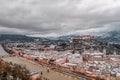 Aerial drone overview of Salzburg old town skyline covered with snow and view of Hohensalzburg in Austria winter