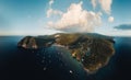 Aerial drone Panorama of Guadeloupe. beach drone sunset view. Harbor bay aerial view in Marigot with sailboats. Travel Royalty Free Stock Photo