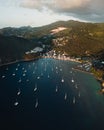 Aerial drone Panorama of Guadeloupe. beach drone sunset view. Harbor bay aerial view in Marigot with sailboats. Travel Royalty Free Stock Photo