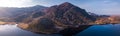 Aerial drone panorama of Llyn Cwm Bychan mountain lake in north Wales part of the Rhinogydd mountains in Snowdonia National Park