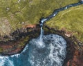 Aerial drone panorama of Mulafossur waterfall, Vagar, Faroe Islands, Denmark. Rough see in the north atlantic ocean