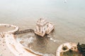 Aerial drone panorama photo of the Belem Tower. Royalty Free Stock Photo