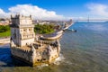 Aerial drone panorama photo of the Belem Tower. Royalty Free Stock Photo