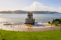 Aerial drone panorama photo of the Belem Tower. Royalty Free Stock Photo