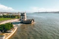 Aerial drone panorama photo of the Belem Tower. Royalty Free Stock Photo