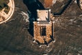 Aerial drone panorama photo of the Belem Tower. Royalty Free Stock Photo