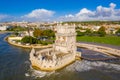 Aerial drone panorama photo of the Belem Tower. Royalty Free Stock Photo