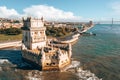 Aerial drone panorama photo of the Belem Tower. Royalty Free Stock Photo