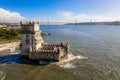 Aerial drone panorama photo of the Belem Tower. Royalty Free Stock Photo