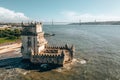 Aerial drone panorama photo of the Belem Tower. Royalty Free Stock Photo