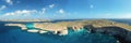 Aerial drone panorama photo - The famous Blue Lagoon in the Mediterranean Sea. Comino Island, Malta Royalty Free Stock Photo
