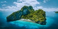 Aerial drone panorama picture of tropical paradise epic Entalula Island. Karst limestone rocky mountains surrounds the Royalty Free Stock Photo