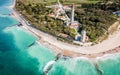 Aerial drone panorama shot of the Phare des Baleines or Lighthouse of the Whales taken from the sea on Ile de RÃÂ© or island of Re Royalty Free Stock Photo