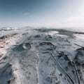 Aerial drone panorama snowy winter landscape view of huge volcano cone crater Hverfjall near Myvatn Reykjahlid Northern Royalty Free Stock Photo