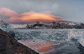 Aerial drone panorama top view glacier iceland svinafellsjoekull and Vatnakokull. Sunset with beautiful sky and