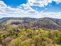 Aerial drone panorama view of medieval castle Boskovice. Ruin of ancient stronghold placed at hill in South Moravia region, Czech