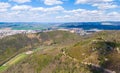 Aerial drone panorama view of medieval castle Boskovice. Ruin of ancient stronghold placed at hill in South Moravia region, Czech