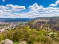 Aerial drone panorama view of medieval castle Boskovice. Ruin of ancient stronghold placed at hill in South Moravia region, Czech