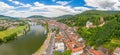 Aerial drone panoramic picture of the medieval city of Miltenberg in Germany during daytime Royalty Free Stock Photo