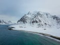 Aerial drone panoramic view of amazing Lofoten Islands, Norway. Mountains and sea top view during sunset. Natural landscape at the Royalty Free Stock Photo