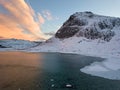 Aerial drone panoramic view of amazing Lofoten Islands, Norway. Mountains and sea top view during sunset. Natural landscape at the Royalty Free Stock Photo