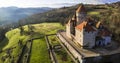 Aerial drone panoramic view of beauiful medieval castle Chateau de Montrottier, Rhone-Alpes, France