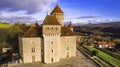 Aerial drone panoramic view of beautiful medieval castle Chateau de Montrottier