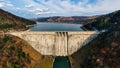 Aerial drone panoramic view of Bicaz lake and dam in Romania Royalty Free Stock Photo