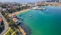 Aerial drone panoramic view of Manly Cove Beach and Manly Wharf in Sydney, NSW Australia